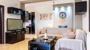 TV, lareira, DVD player, livros