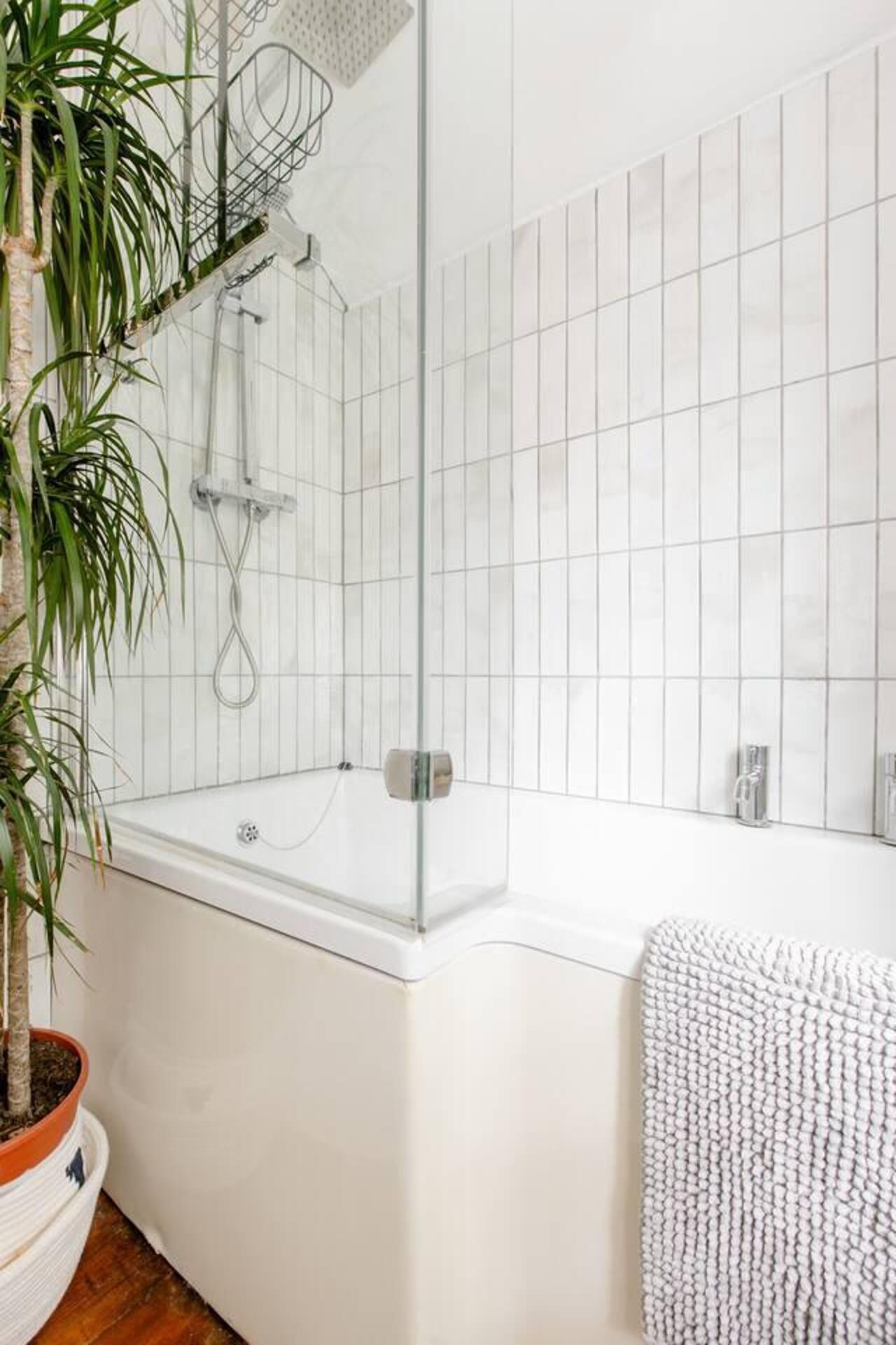 Combined shower/bathtub, deep-soaking bathtub, hair dryer, towels