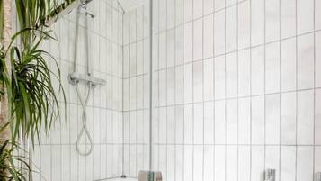Combined shower/bathtub, deep-soaking bathtub, hair dryer, towels