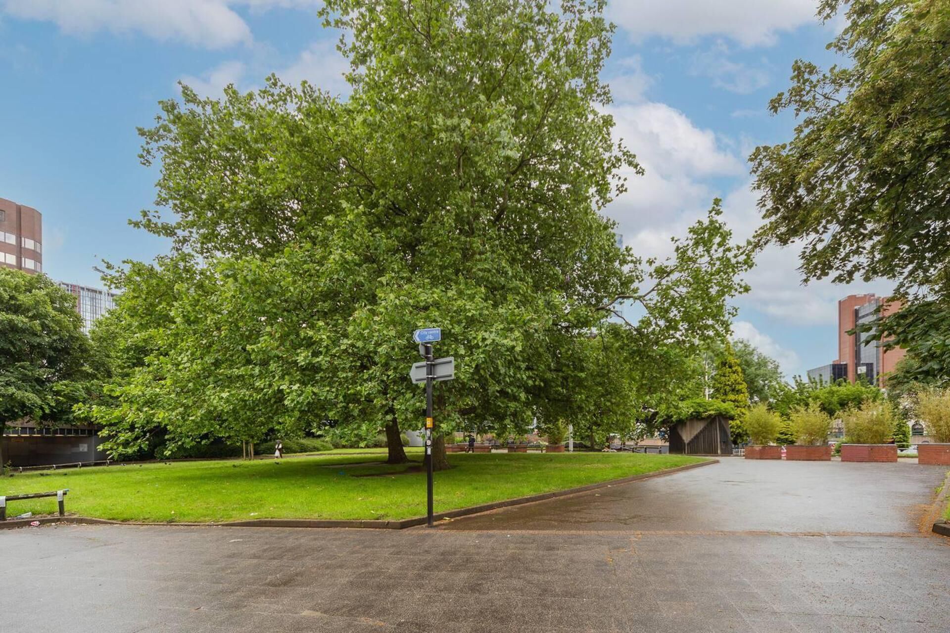 A paved pathway in a park-like setting with trees and a building in the background.