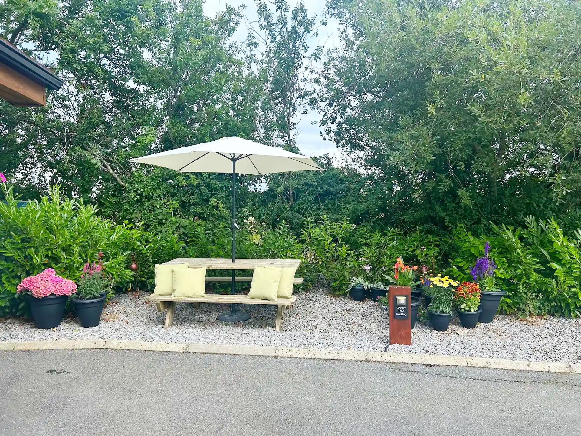 Un banco de madera con una sombrilla blanca, rodeado de plantas en macetas y un sendero de grava.