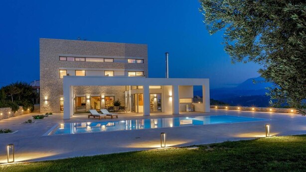 A modern two-story house with a swimming pool, outdoor seating, and a view of the mountains. - Villa - Sleeps 10 - Pool - Parking - Pool Table (Heraklion)
