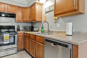 A kitchen with wooden cabinets, a stainless steel dishwasher, a microwave, and a stove.