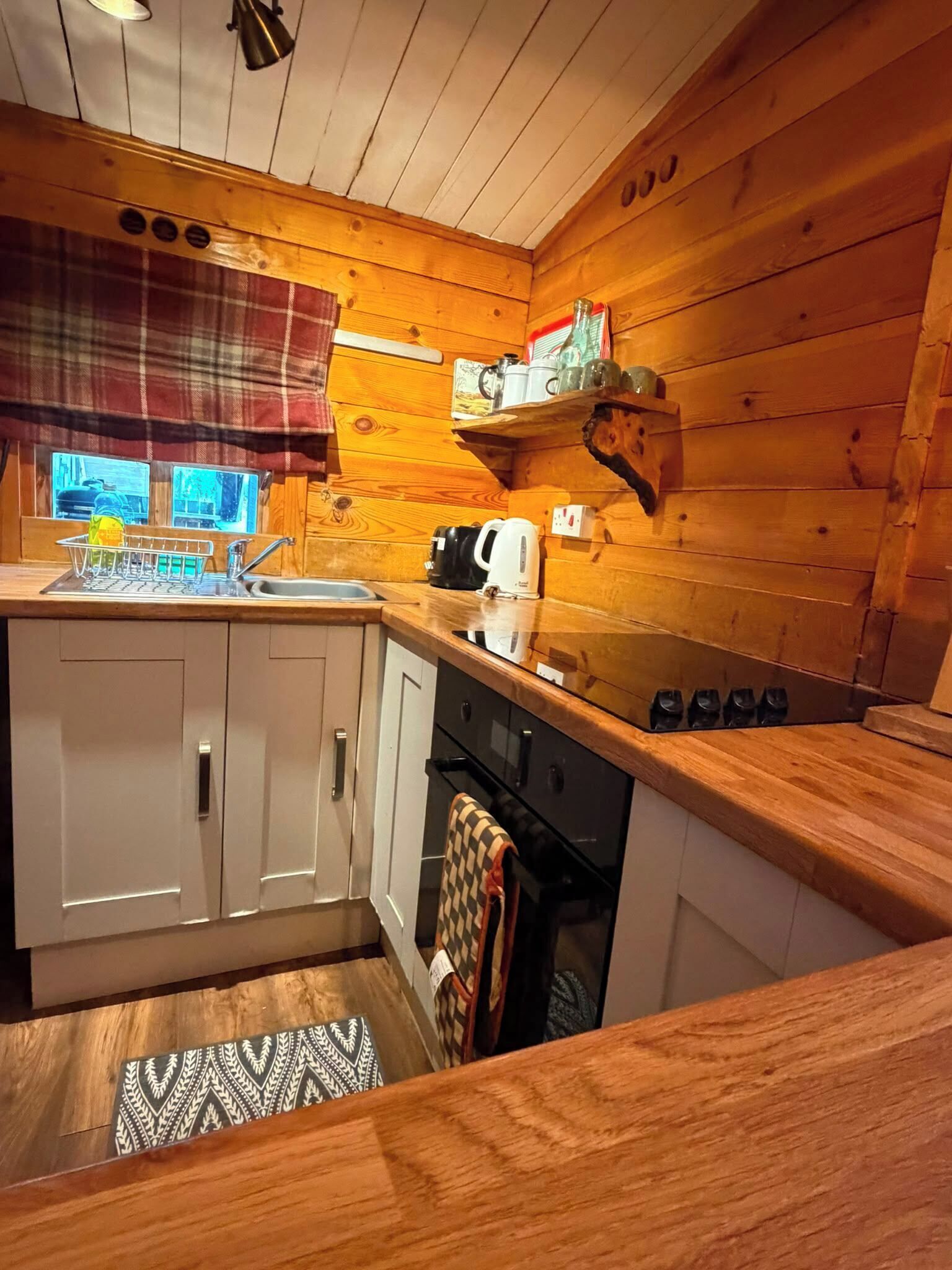Cocina compacta con paredes de madera, un lavamanos, una hornilla y una pequeña encimera con una tetera y tazas.