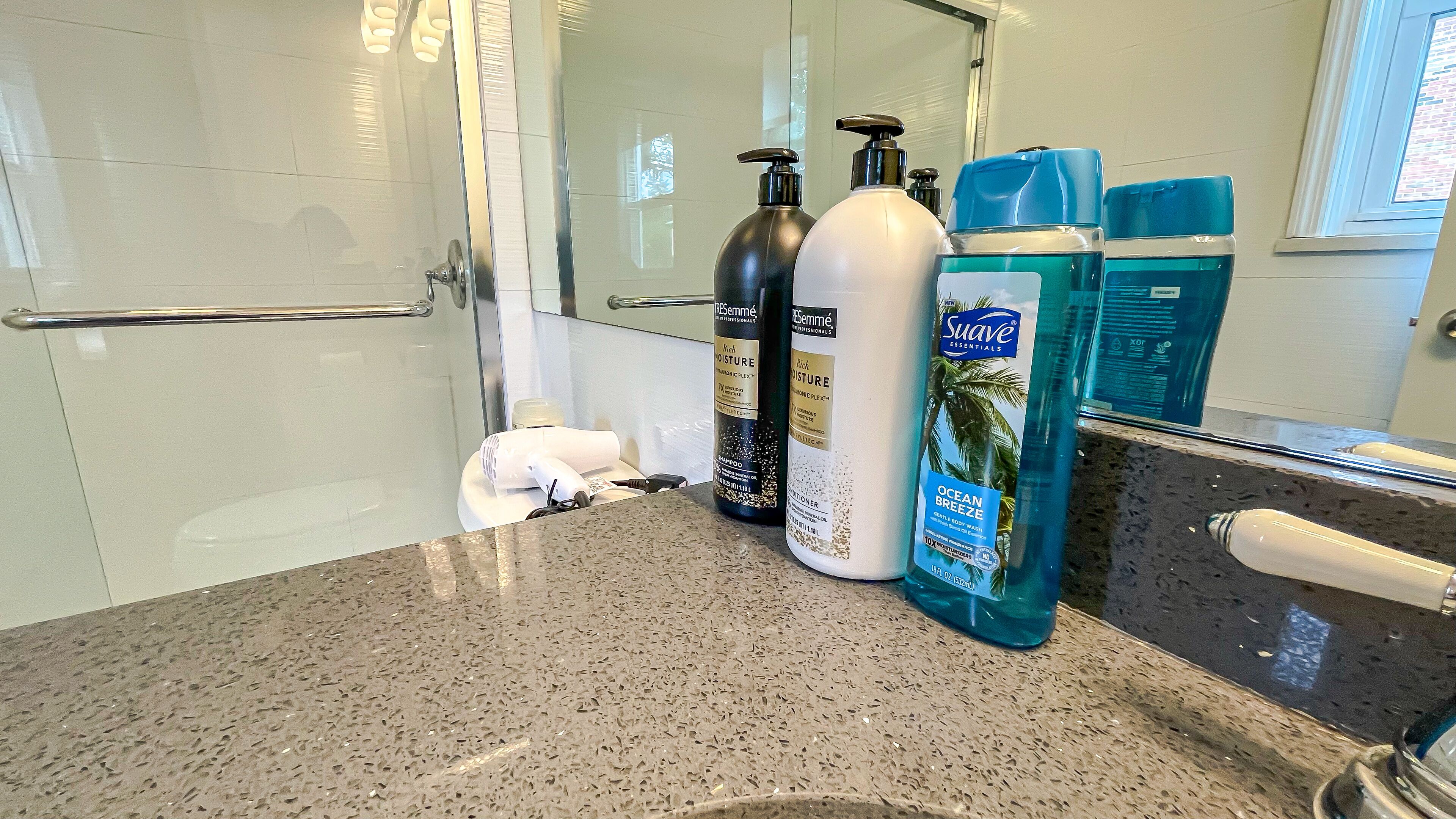 A bathroom with a granite countertop, a glass shower enclosure, and toiletries including shampoo and body wash.