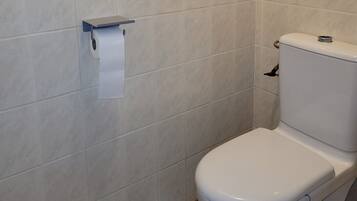 Un bagno con il water, un porta asciugamani di carta e pareti piastrellate.