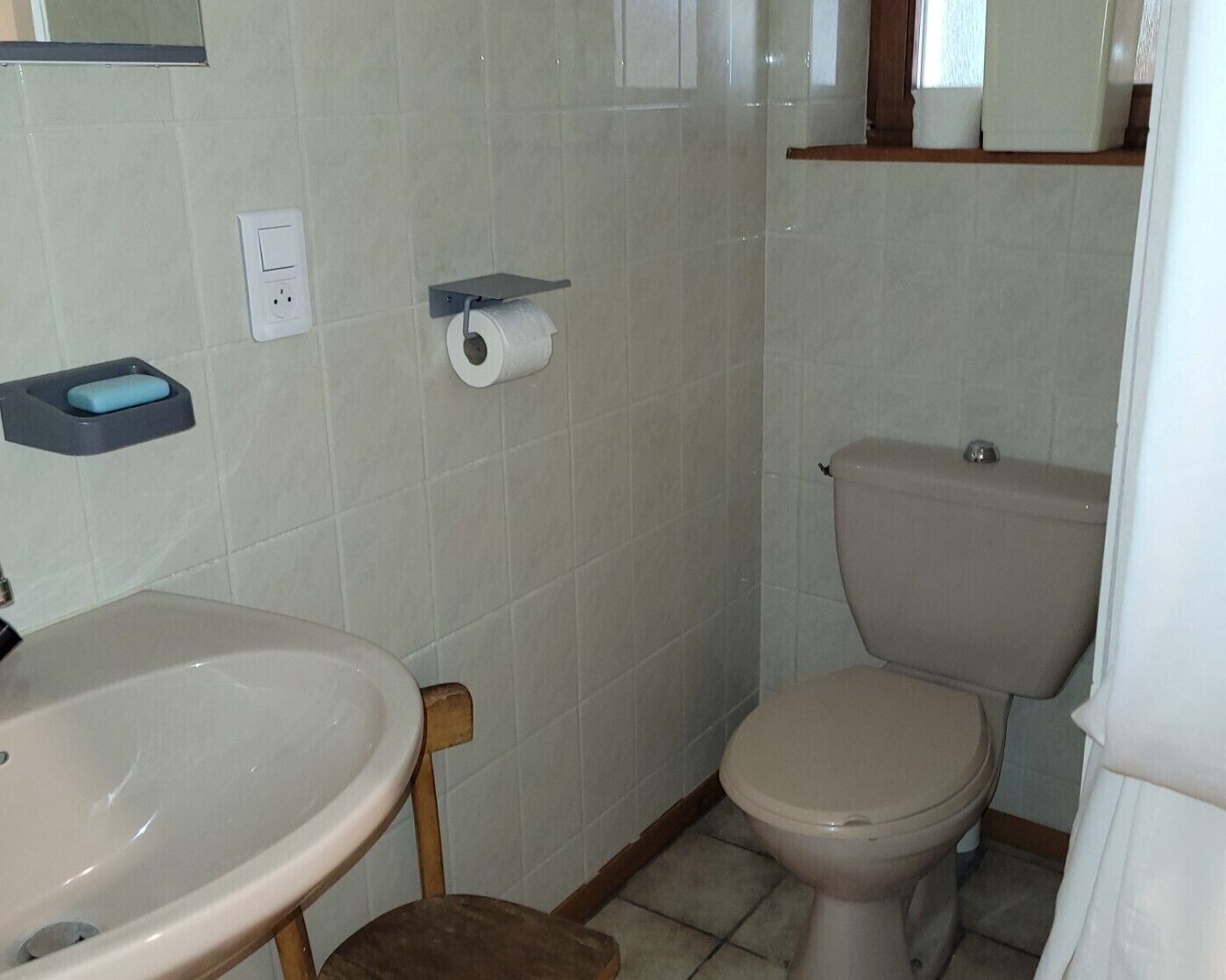 Een kleine badkamer met toilet, wastafel en een plankje met zeepbakje.