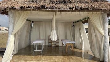 Outdoor treatment area, hot stone massages, deep-tissue massages
