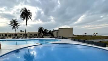 Outdoor pool, pool umbrellas, pool loungers