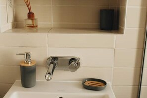Bathroom features a sink with a modern faucet and a shelf for toiletries.