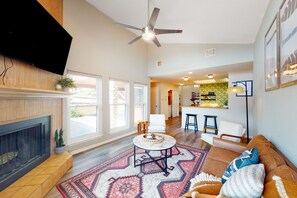 TV, fireplace, books