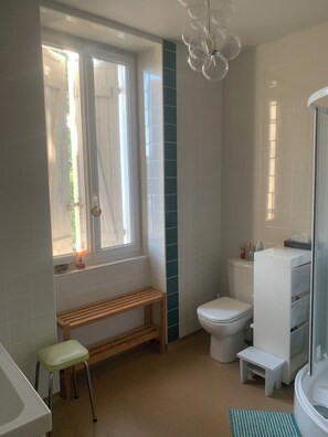 Douche, sèche-cheveux, serviettes fournies, papier toilette