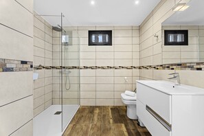 Ducha, secador de pelo, toallas y papel higiénico