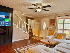 Smart TV, fireplace, books
