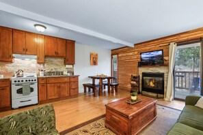 Smart TV, fireplace, books