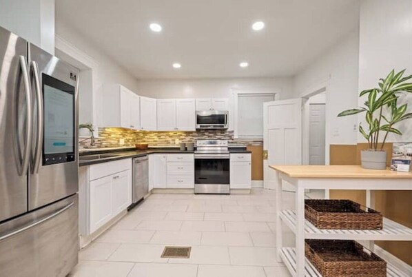 Fridge, dining tables