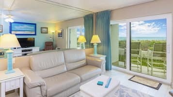 Condo, 1 Queen Bed with Sofa bed, Kitchen, Beach View | Living area | Flat-screen TV