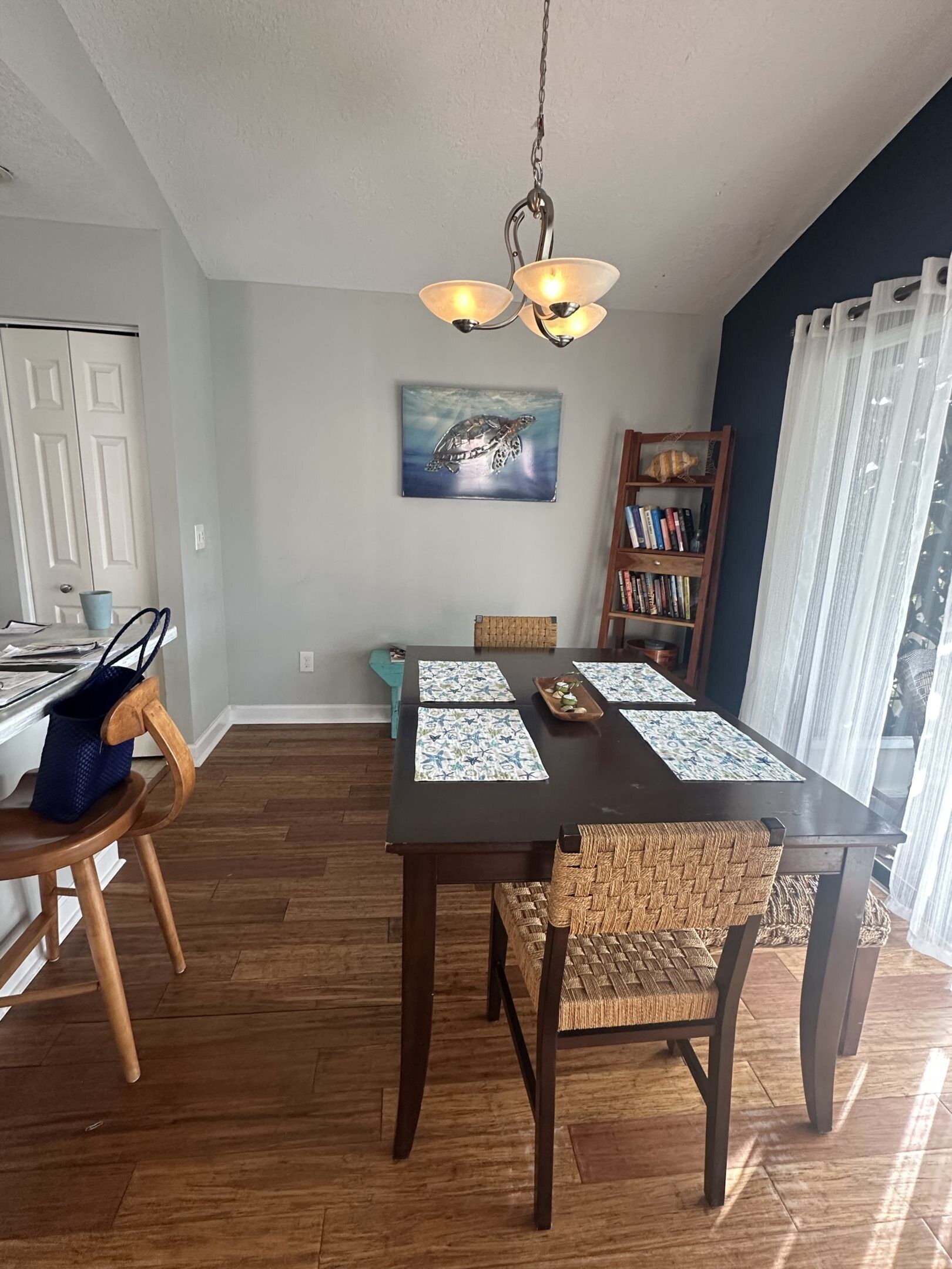A dining area with a dark wooden table, woven chairs, a ceiling light fixture, a bookshelf, and a painting of a turtle.