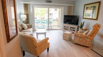 Condo, Multiple Beds, Balcony, Beach View | Living area | Flat-screen TV