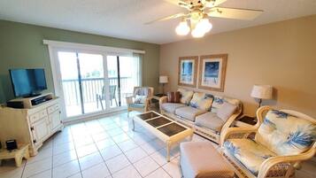 Condo, Multiple Beds, Kitchen, Beach View | Living area | 40-inch flat-screen TV with cable channels, TV, DVD player