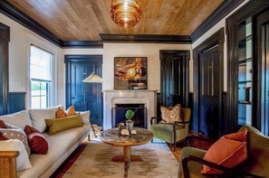 Fireplace, books