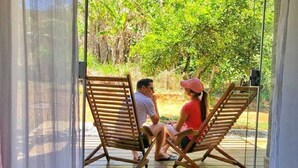 Two people sitting on wooden lounge chairs facing a lush garden. - Farmless Home (Tiradentes)