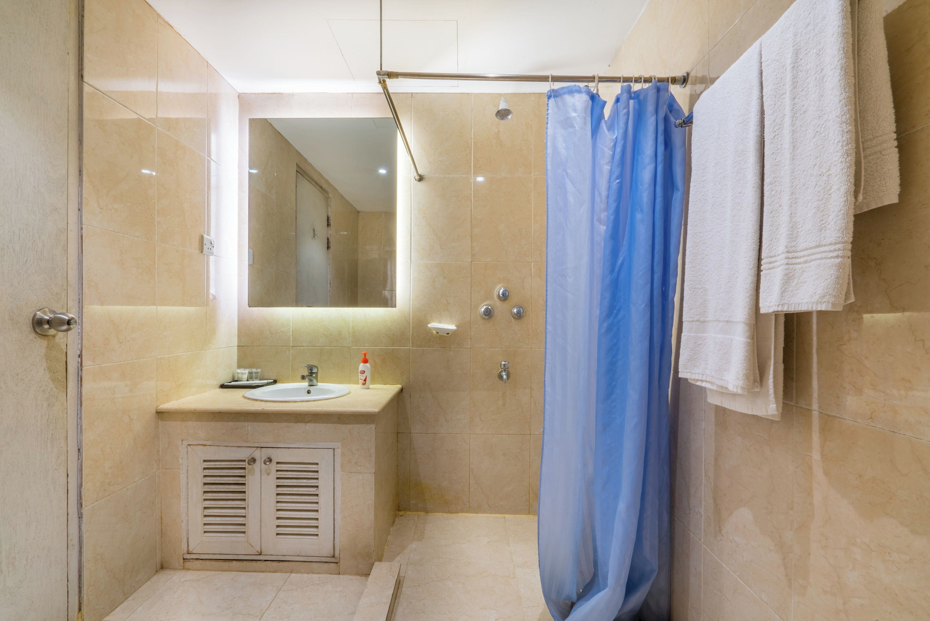A bathroom with a shower, a sink, and a mirror.