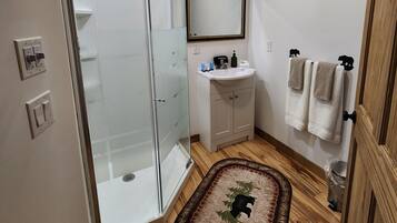 Shower, hair dryer, towels, soap
