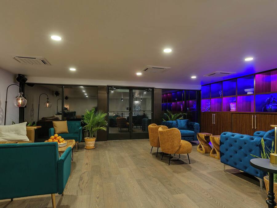 A modern living room with teal and mustard sofas, a wooden coffee table, and a blue velvet sofa.