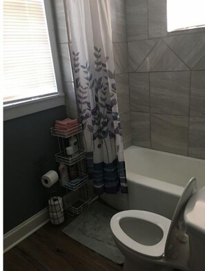 Hair dryer, towels, soap, toilet paper