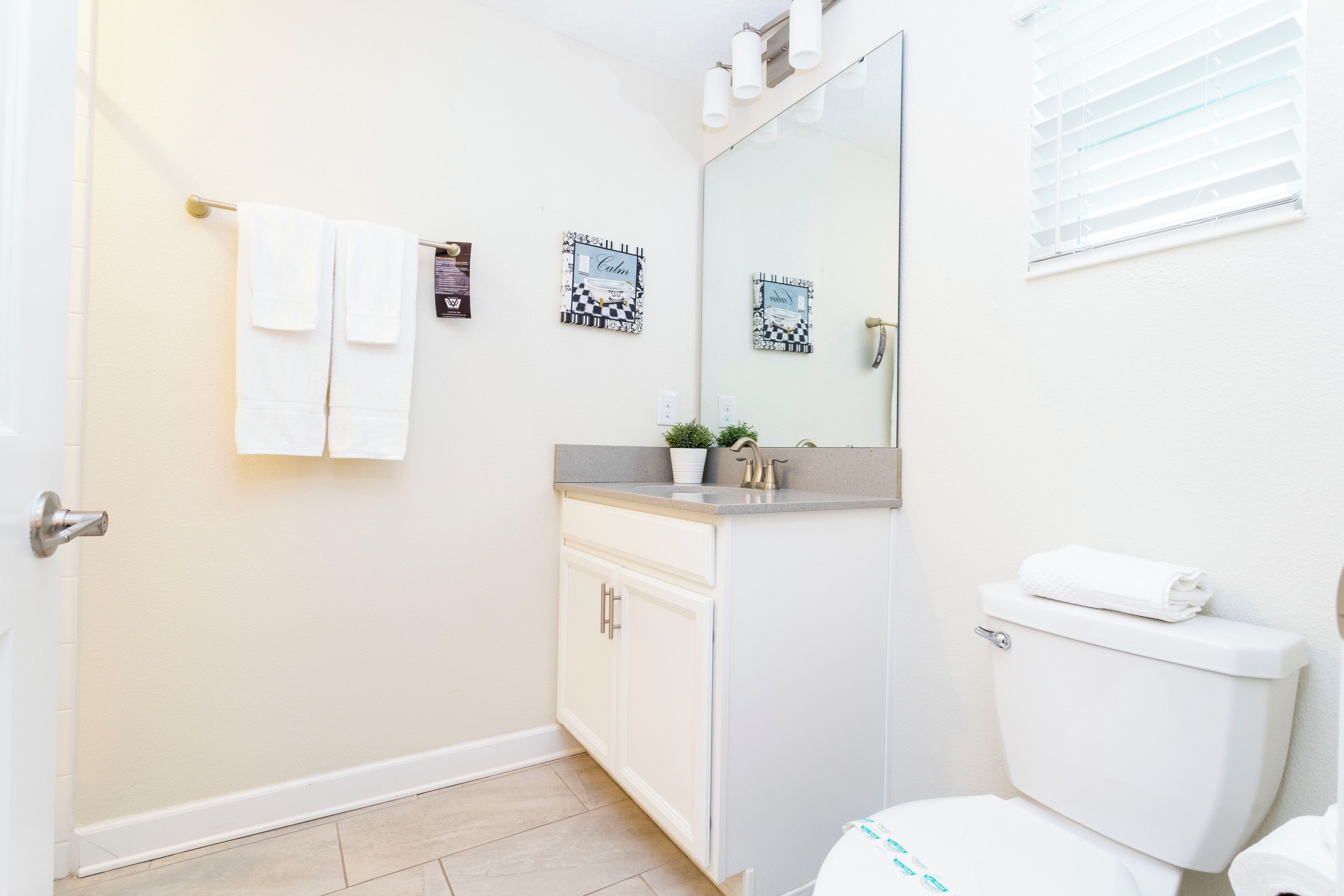 A bathroom with a toilet, sink, and mirror. There are towels hanging on a rack and a small plant on the counter.