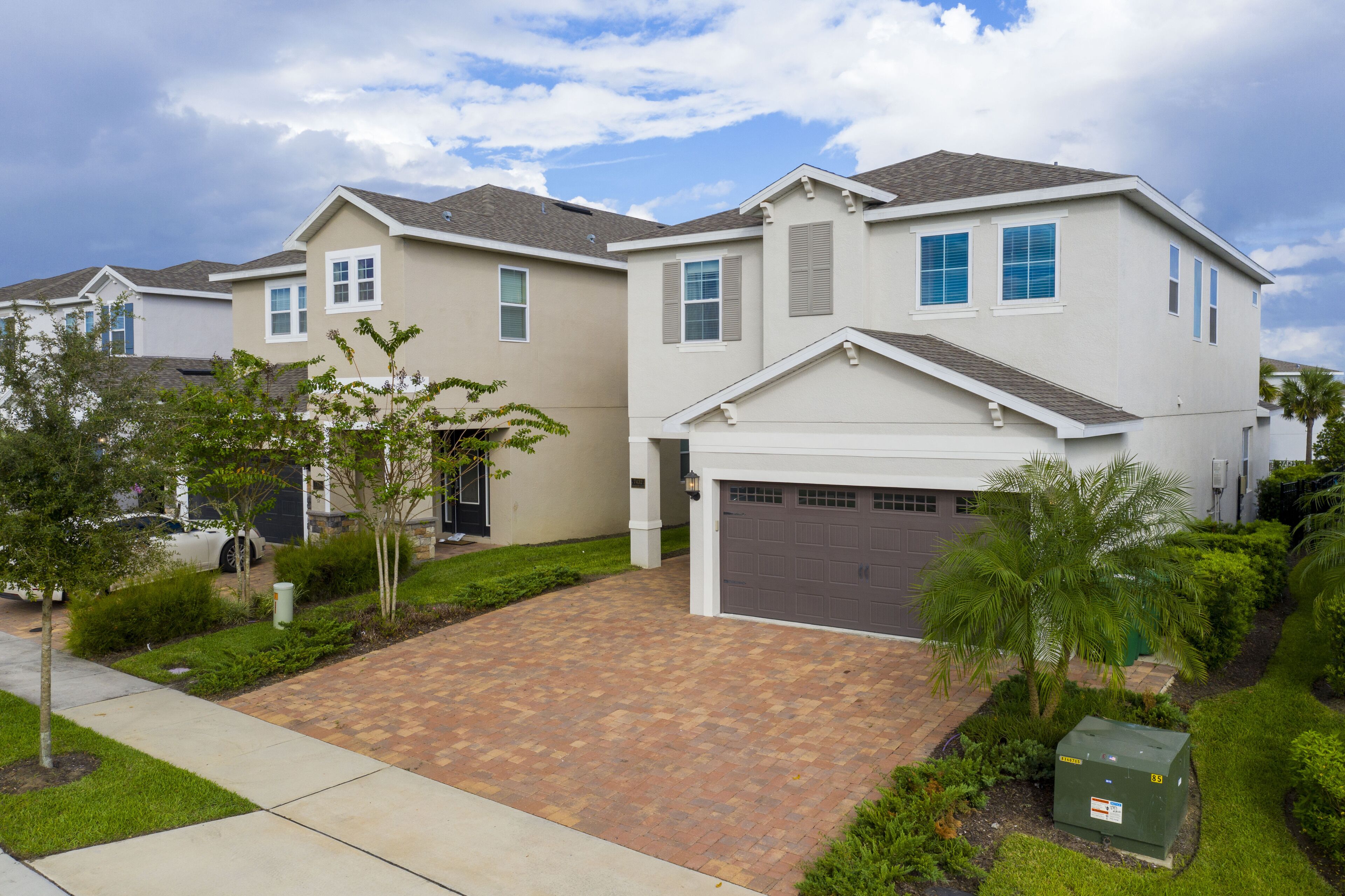 A residential area with two houses, a paved driveway, and a small garden with palm trees.