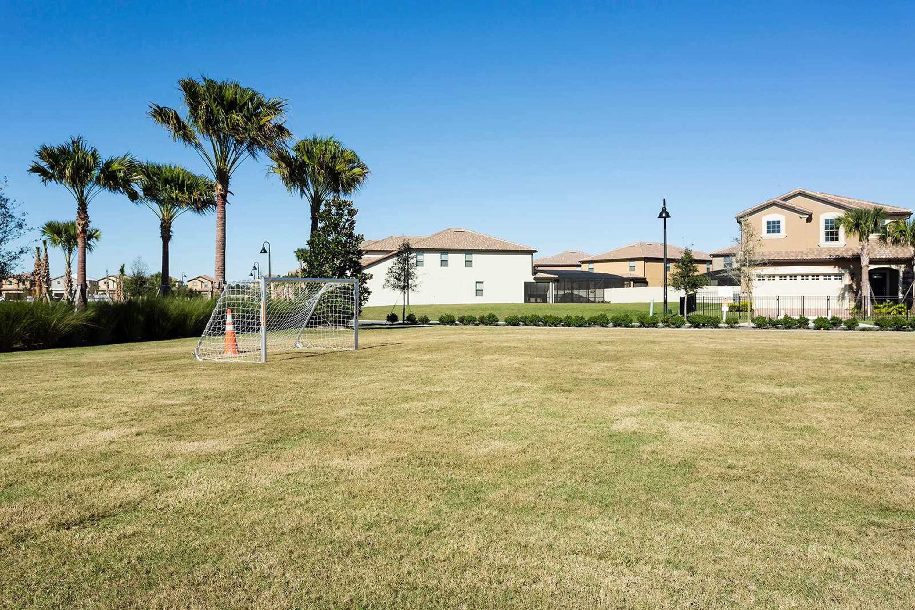 A grassy soccer field with a goalpost, surrounded by palm trees and residential buildings.