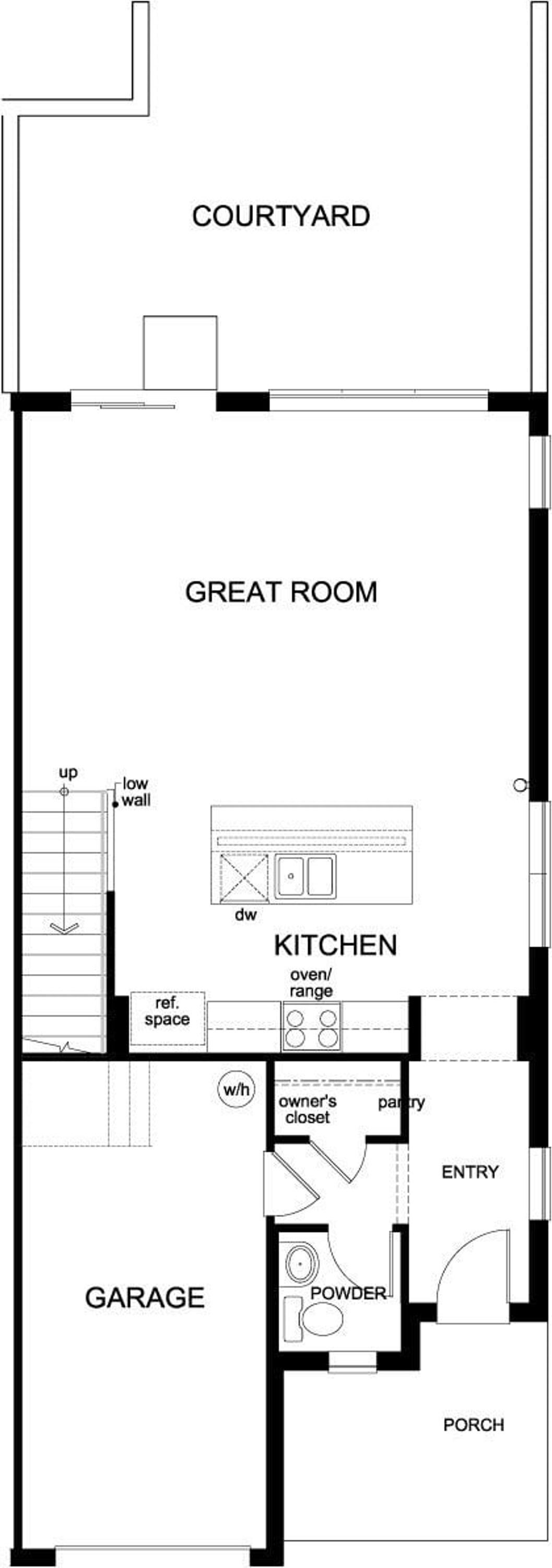 Un plan d’étage comprenant une cour intérieure, une grande pièce à vivre, une cuisine, un garage, des toilettes, une entrée et une véranda.