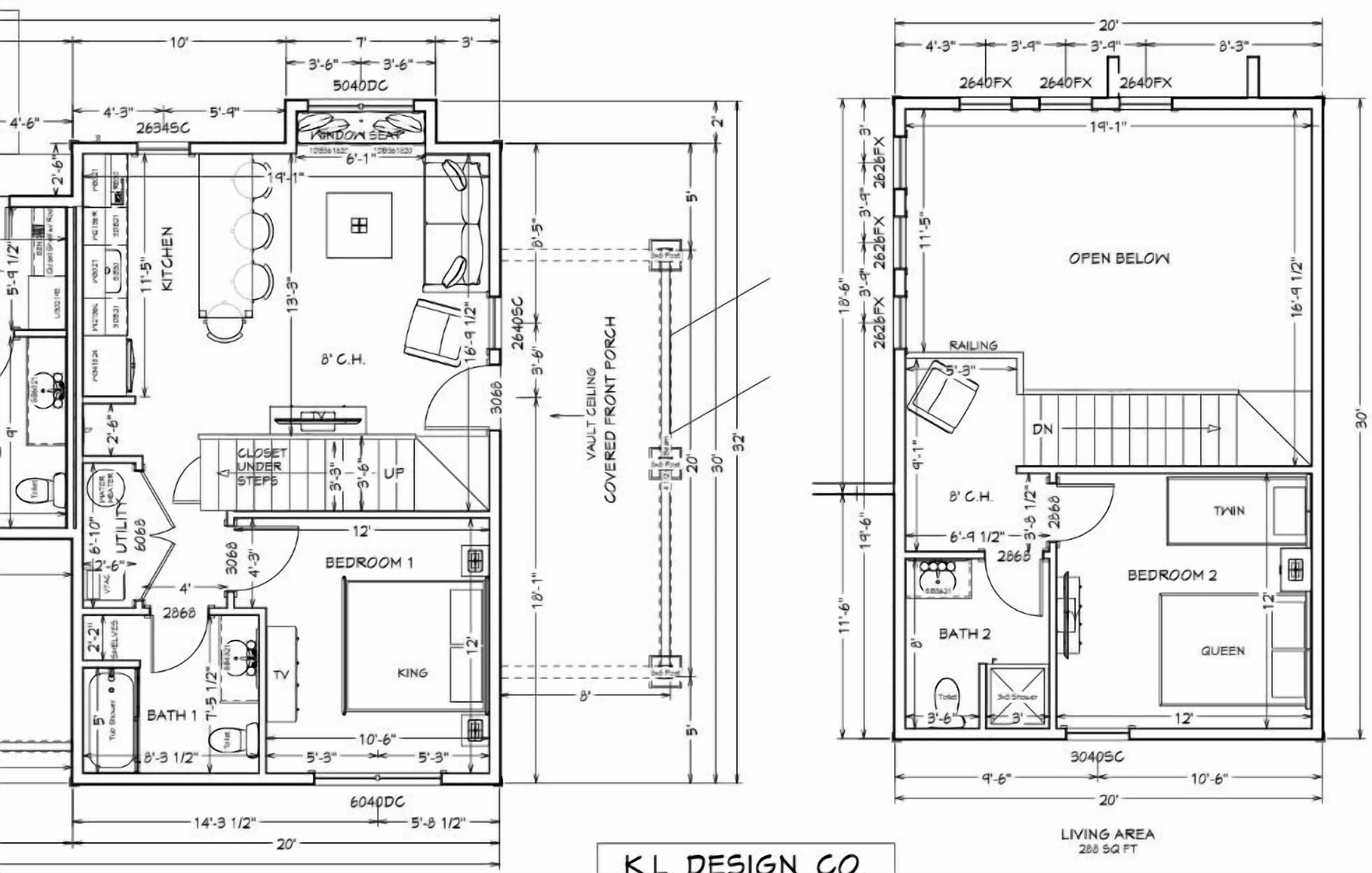A floor plan of a house with two bedrooms, a kitchen, a bathroom, and an open living area.