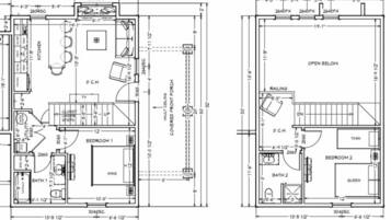 A floor plan of a hotel with two bedrooms, a bathroom, a kitchen, and a living area.