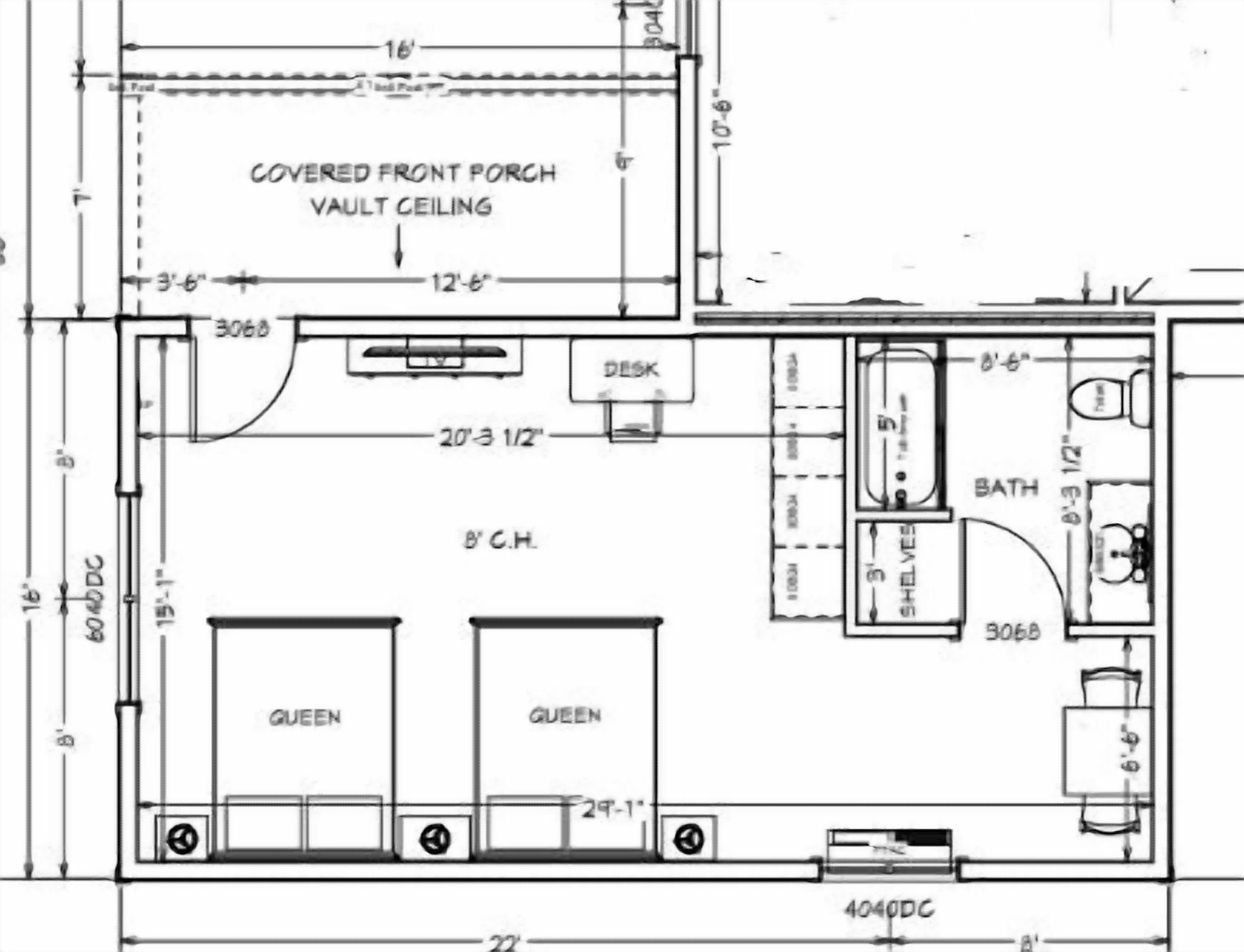 Plan d’un étage d’une chambre d’hôtel comprenant une véranda à l’avant, un plafond voûté, un bureau, une salle de bain et deux lits « queen size ».