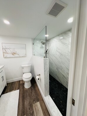 Shower, hair dryer, towels, soap