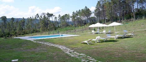 A pool area with lounge chairs and umbrellas, surrounded by a stone pathway and a grassy lawn.