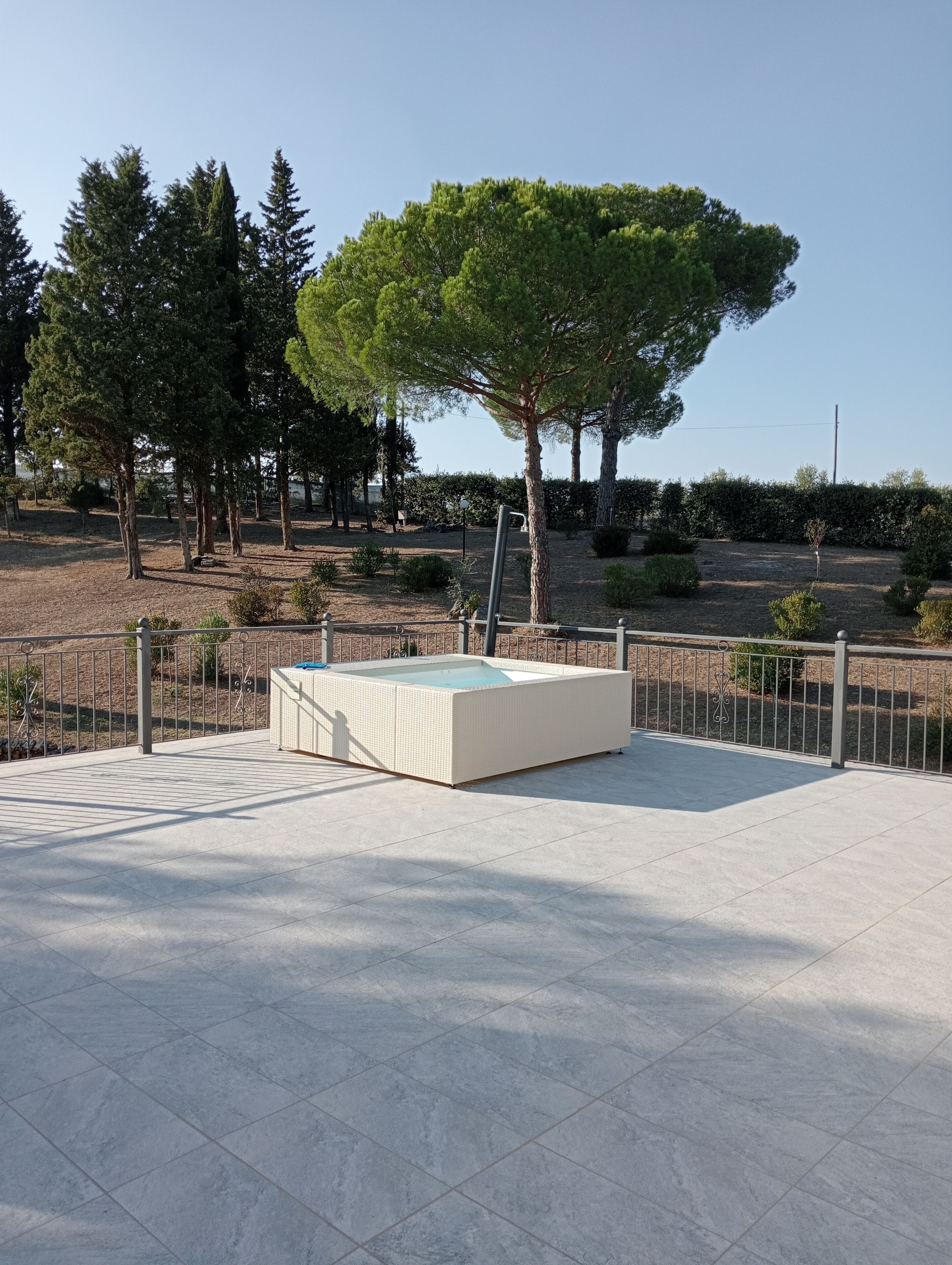 Un espacio exterior amplio con una piscina rectangular, rodeada por una cerca de metal y árboles.