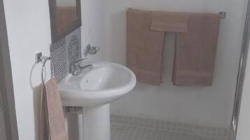 Shower, towels, soap, toilet paper