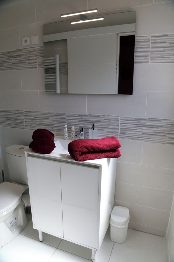 Een douche, een haardroger, handdoeken, toiletpapier