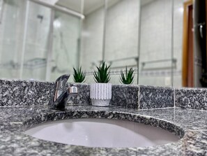 Casa de banho com bancada de granito, uma pia branca e duas plantas em vasos.