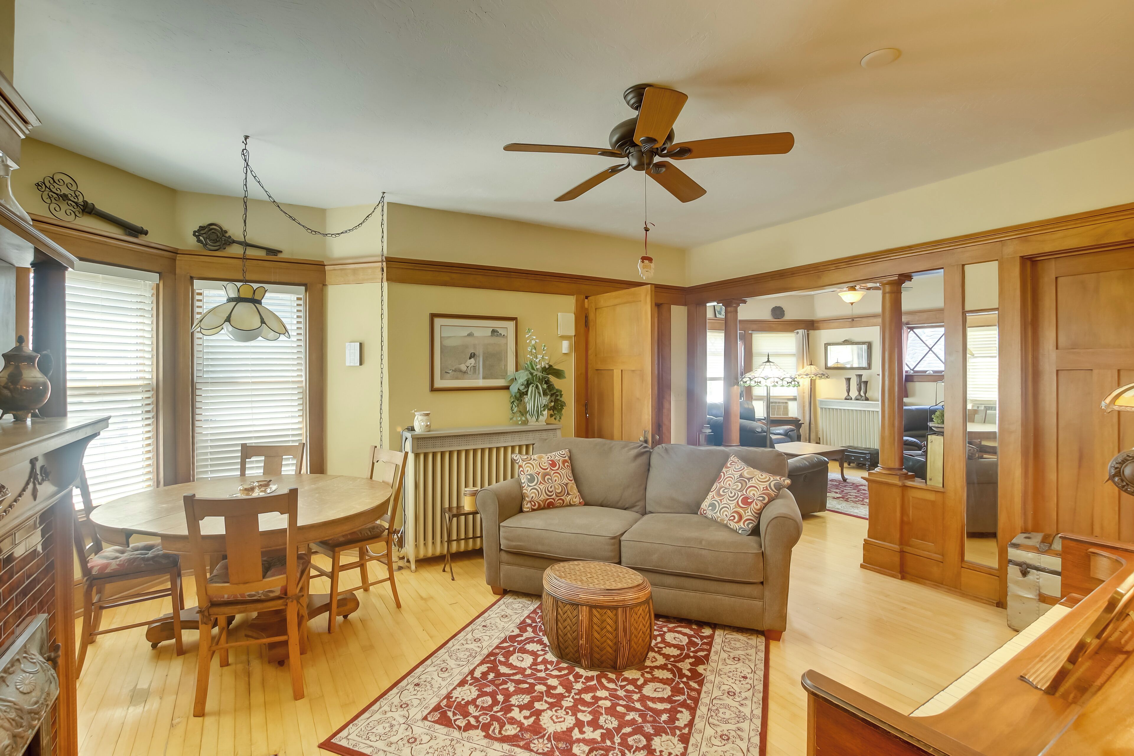 TV, fireplace, books, offices