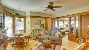 TV, fireplace, books, offices
