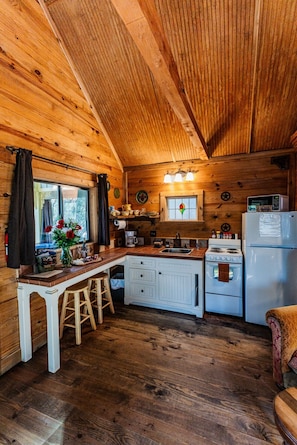 A wooden cabin interior with a kitchen featuring a stove, sink, and refrigerator.