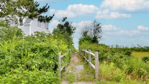 A private pathway leading to a house surrounded by dense greenery. - Kennebunkport Getaway w/ Grill: Walk to Beach! (Kennebunkport)