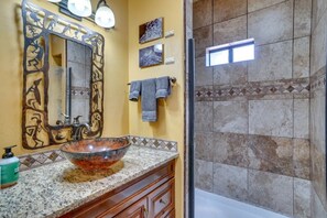 Shower, hair dryer, towels, soap