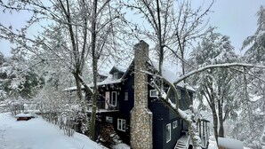 Ein mit Schnee bedecktes Blockhaus mit Steinofen, umgeben von Bäumen.
