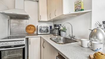 Fridge, stovetop, dishwasher, coffee/tea maker